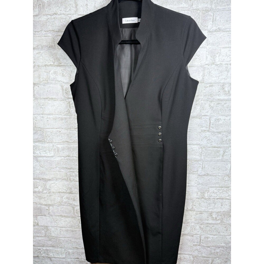 Calvin Klein Black Sheath Dress Sz 10 Sleeveless Mock Neck Faux Wrap Career Work - Picture 6 of 12